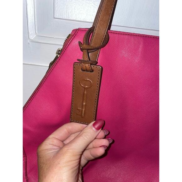 Fossil Expandable Gwen Shopper Tote Bag Travel Leather Wax Coated Pyramid Pink - Picture 7 of 16